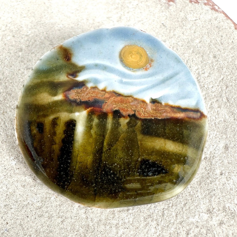 Hand Painted Ceramic Landscape Brooch Sun Moon Shiny Finish One of a Kind 2 inch